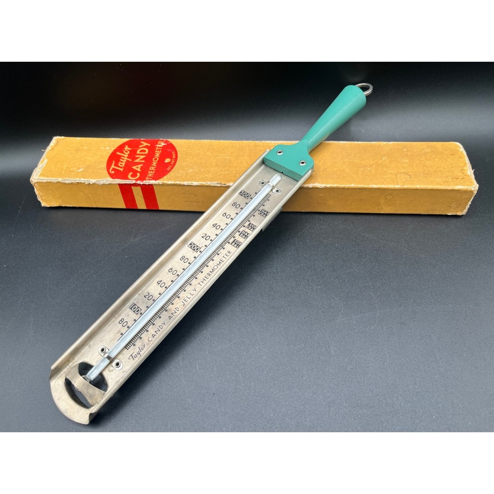 Vtg Taylor Candy Jelly Thermometer Green Wood Handle Metal Case w/ Box